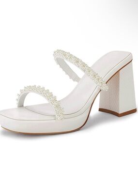 Coutgo Elegant White Pearl Strap Block Heel Sandal